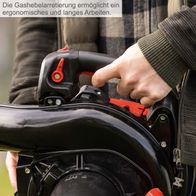 Die Gashebelarretierung ermöglicht ein ergonomisches und langes Arbeiten. Der Hebel kann arretiert werden, um die Handgelenke zu entlasten und Ermüdung zu vermeiden. Ideal für längere Arbeitsphasen.