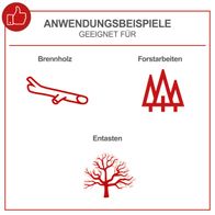 Anwendungsbeispiele für die Benzin-Kettensäge PCS38: Geeignet für Brennholz, Forstarbeiten und Entasten. Die Säge verfügt über ein ProCut-Schwert und eine ProCut-Kette.