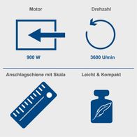 Technische Merkmale des Fliesenschneiders: Motorleistung 900 W, Drehzahl 3600 U/min