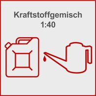 Das Produkt hat ein Kraftstoffgemisch von 1:40. Dargestellt sind ein Kanister und eine Ölmischung.
