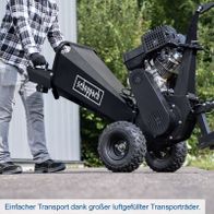 Transportierbare Scheppach-Gartenmaschine mit großen, luftgefüllten Rädern für einfachen Transport