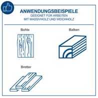 Illustration von Bohle, Balken und Bretter für Holzverarbeitung mit Scheppach-Produkten