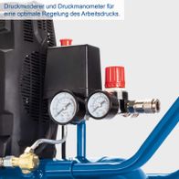 Druckminderer und Druckmessgeräte für präzise Arbeitsdruckregelung auf einem Kompressor mit integrierten Manometern und Ventilen