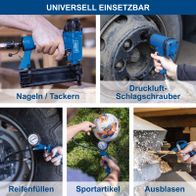 Werkzeuge für pneumatische Anwendungen: Nageln, Schrauben mit Druckluft, Ausblasen und Reifenauffüllen