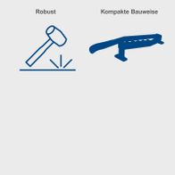 Illustration mit Symbolen für robuste und kompakte Bauweise eines Werkzeugs