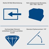 Werkzeugbeschreibung für Bohrerschleifer mit 80 Watt Motorleistung, platzsparender Bauweise und Diamantschleifstein für präzisen Schleifvorgang