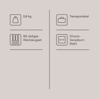 Der Werkzeugkoffer MH100 Gomag ist 5,6 kg leicht, transportabel, enthält ein 90-teiliges Werkzeugset und besteht aus Chrom-Vanadium-Stahl.