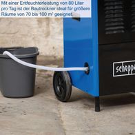 Der Bautrockner DH8000x von Scheppach hat eine Entfeuchtungsleistung von 80 Litern pro Tag und eignet sich für Räume von 70 bis 100 m².