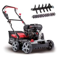 Der Benzin Vertikutierer SC50Vario Scheppach mit 40 cm Arbeitsbreite und verstellbarer Tiefe von -15 bis +5 mm. Ausgestattet mit zwei verschiedenen Vertikutiermessern: festen Messern und spiralförmigen Messern für effizientes Arbeiten.