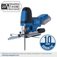 Akku-Stichsäge BC-JS254-X Scheppach mit 10 Jahren Garantie, Teil der 20VIXES Batterieplattform, brushless Motor, Hublänge 25,4mm, Hubzahl 1000-3000 min-1, LED Beleuchtung.