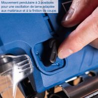 The cordless jigsaw C-JS220-X by Scheppach features a pendulum stroke with three settings for optimal adjustment of the saw blade to different materials and desired cut quality.