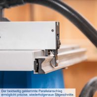Der beidseitig geklemmte Parallelanschlag ermöglicht präzise, wiederholgenaue Sägeschnitte.