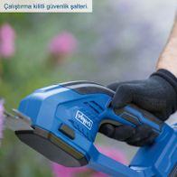 Die Akku-Gras & Strauchschere C-HTGS200-X von Scheppach verfügt über ein verschließbares Sicherheitsgehäuse für erhöhte Sicherheit während des Gebrauchs.