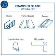 The image shows an overview of the applications of the Scheppach TS310 table saw. Suitable for beams, profiled boards, and boards. Supports longitudinal cuts and mitre cuts up to 45 degrees.