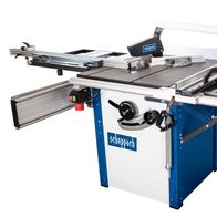 Tischkreissäge Precisa 4.0 von Scheppach, seitliche Ansicht mit ausgeklapptem Auswurf und Staubabsaugung.