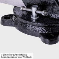 Der Schraubstock ASV360-100 von Scheppach verfügt über drei Bohrlöcher zur Befestigung, beispielsweise auf einer Werkbank.