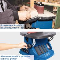 Der Oszillierender Kanten-, Band- und Spindelschleifer OSM600 von Scheppach bietet einen schwenkbaren Arbeitstisch mit Einrastpunkten von 0 bis 45 Grad. Alle Teile der Maschine sind verstau- und direkt greifbar.