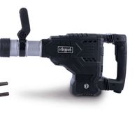 Abbruchhammer DBH2000-BE von Scheppach, gezeigt von der Seite. Dazu gehören ein Koffer und zwei Meißel. Der Abbruchhammer hat eine SDS-Max-Aufnahme.