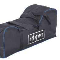Tragetasche Scheppach (DIY) von der Seite gezeigt. Die Tasche ist schwarz mit blauen Akzenten und trägt den Aufdruck 'Scheppach'.
