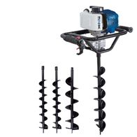 Benzin Erdbohrer EB1700 Scheppach mit vier verschiedenen Bohrern, von vorne gezeigt.