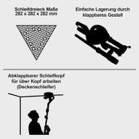 Das Schleifdreieck hat die Maße 282 x 282 x 282 mm. Es ist einfach zu lagern dank eines klappbaren Gestells. Der Schleifkopf ist abklappbar, um über Kopf arbeiten zu können.