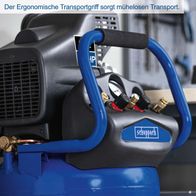 Der Scheppach Kompressor HC80V mit ergonomischem Transportgriff für mühelosen Transport. 80L Kessel, 10bar Druck, Ansaugleistung 310 l/min, 2 Kupplungen.