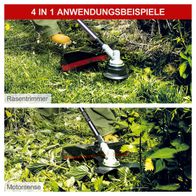 Das 4-in-1-Multigartengerät MFH5200-4P von Scheppach bietet vier Anwendungsbeispiele: Rasentrimmer und Motorsense. Es ist vielseitig einsetzbar für verschiedene Gartenarbeiten.
