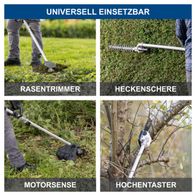 Das Akku-Multifunktionsgerät BC-MFH400-X von Scheppach bietet vier Funktionen: Rasentrimmer, Heckenschere, Motorsense und Hochentaster. Es ist brushless und verfügt über eine Drehzahlanpassung.