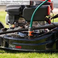 Der Scheppach Rasenmäher MP150-46 mit Easy Clean-Reinigungsfunktion und Wasseranschluss. Schneidbreite 46 cm.