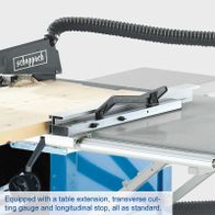 The Scheppach Precisa 6.0 table saw is equipped with a table extension, transverse cutting gauge, and longitudinal stop, all as standard.