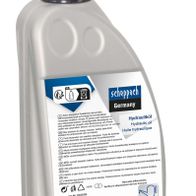 Scheppach Hydrauliköl 1 Liter, graue Flasche mit schwarzem Deckel, Rückseite mit Sicherheitshinweisen und Herstellerinformationen.