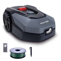 Der Mähroboter PX-RRM-500Wi Practixx mit Zubehör: Begrenzungskabel, Nagel und Begrenzungshülse. Der Roboter wird von der Seite gezeigt.