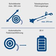 Der Akku-Rasentrimmer C-LT300-X von Scheppach bietet eine Schnittbreite von bis zu 300 mm, eine teleskopierbare Führungstange mit einer maximalen Länge von 270 mm, automatische Fadennachführung und wird mit 20 V betrieben.