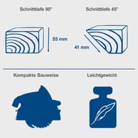 Die Tauchsäge PL55 von Scheppach bietet eine Schnittiefe von 55 mm bei 90° und 41 mm bei 45°. Sie verfügt über eine kompakte Bauweise und ist leichtgewichtig.