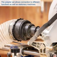 The adapter set allows connection to various handheld and stationary machines. The Scheppach DC100 dust extractor features a suction capacity of 215 m³/h and a 65-litre metal container with a 100-mm connection.