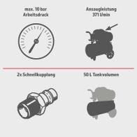 Der Scheppach Kompressor AC501-14 Set Herkules (Bauhaus) hat einen maximalen Arbeitsdruck von 10 bar, eine Ansaugleistung von 371 Litern pro Minute, zwei Schnellkupplungen und einen 50-Liter-Tank.