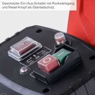 Geschützter Ein-/Aus-Schalter mit Rückwärtsgang und Reset-Knopf als Überlastschutz.