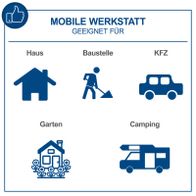 Die mobile Werkstatt eignet sich für Haus, Baustelle, KFZ, Garten und Camping. Sie ist vielseitig einsetzbar und bietet praktische Lösungen für verschiedene Anwendungen.