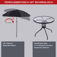 Terrassenschirm mit 45° Neigung und robusten Rippen, kombiniert mit einem stabilen Regenschirmloch im Glasbistro-Tisch mit rostfreiem Rahmen und gehärtetem Glas