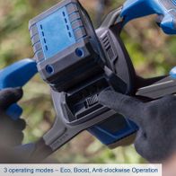 The Scheppach Cordless Earth Auger EB100-X features 3 operating modes: Eco, Boost, and Anti-clockwise Operation. It includes a Softgrip for comfortable use and comes with a 4Ah battery and a 2.4A charger.