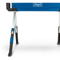 Scheppach MWB600 saw horse, side view. Load capacity 2x589 kg, height 61.8-82 cm.