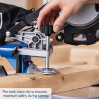 The work piece clamp of the Scheppach HM216 sliding mitre saw ensures maximum safety during sawing. It holds the work piece firmly and prevents slipping during the cutting process.