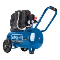 Scheppach-Silent-Kompressor mit 60 dB, 230V, 50Hz, ölfrei, 24 Liter Fassungsvermögen, 1100 Watt, 8 bar Druck, 230 Liter/min, 2 Manometer, Rollen für Mobilität