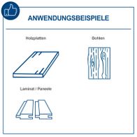 Illustration von Holzplatten-, Bohlen- und Laminat-/Paneeleinsatz für die Tauchsäge mit verschiedenen Schnittebenen und -formen