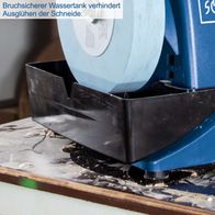 Bruchsicherer Wassertank verhindert Ausglühen der Schneide. Der Scheppach Tiger 2000S ist ein Nass-Schleifsystem mit 120W Leistung und Edelkorund-Schleifstein.