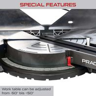 The work table of the sliding cross-cut mitre saw PX-KZS-305PA Practixx can be adjusted from -50° to +50°. It features a laser, soft start, and a trumpet pull-out.
