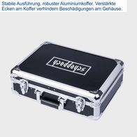 Stabiler Aluminiumkoffer mit verstärkten Ecken für erhöhte Haltbarkeit und Schutz des Gehäuses.
