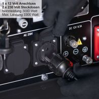 Technische Datenblatt eines Diesel-Stromerzeugers mit 5000 Watt Nennleistung, 2x 230V und 1x 400V Steckdosen, inkl. 12V-Anschluss und 8,3A DC-Ausgang.