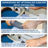 Nassschleifsystem mit zweiseitigem Schleifstein für präzise Bearbeitung: schräges Schneiden, Röhren und Hohleisen; erhöhtes Korn für feine Schleifarbeiten und Materialabtrag.