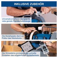 Das Nass-Schleifsystem TIGER 7000S von Scheppach bietet eine universelle Vorrichtung für viele gerade Standardwerkzeuge, eine Abziehpaste zur Politur des Werkstücks und eine Winkellehre für das schnelle Einstellen des erforderlichen Schleifwinkels.